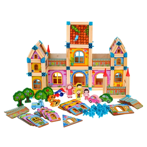 Drewniane klocki konstrukcyjne zestaw do budowania domku BLLN-3508